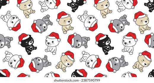 bear polar seamless pattern Christmas Santa Claus hat candy cane vector pet doodle cartoon tartan plaid gift wrapping paper tile background illustration repeat wallpaper scarf isolated design