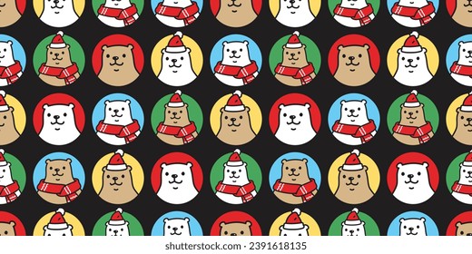 bear polar seamless pattern Christmas scarf Santa Claus hat vector polka dot pet doodle cartoon gift wrapping paper tile background repeat wallpaper illustration scarf isolated design