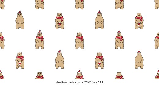bear polar seamless pattern Christmas scarf Santa Claus hat vector pet doodle cartoon gift wrapping paper tile background repeat wallpaper illustration scarf isolated design