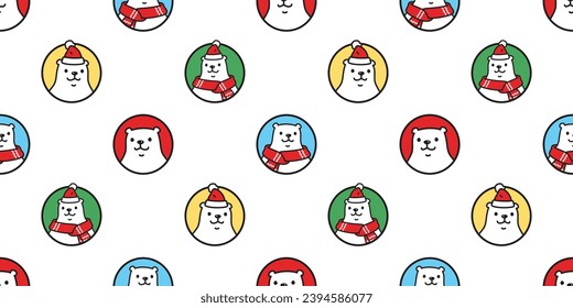 bear polar seamless pattern Christmas scarf Santa Claus hat vector polka dot pet doodle cartoon gift wrapping paper repeat wallpaper tile background illustration scarf isolated design