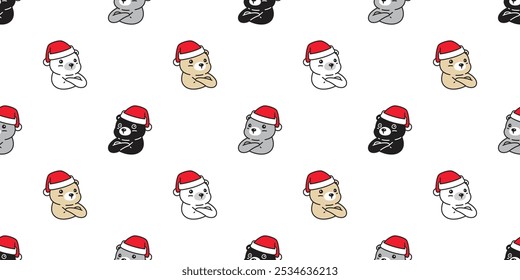 bear polar seamless pattern christmas santa claus hat arms crossed teddy vector pet doodle cartoon scarf isolated gift wrapping paper tile background repeat wallpaper illustration design