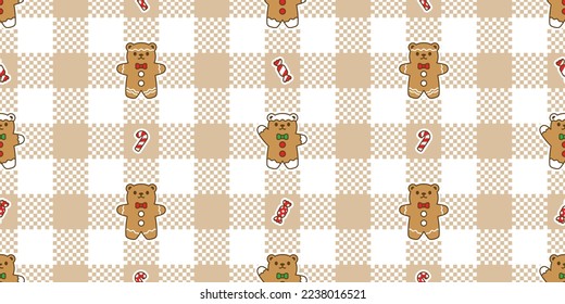 bear polar seamless pattern Ginger bread Christmas Santa Claus tartan plaid checked vector teddy snow snowflake candy cane cartoon wrapping paper repeat wallpaper tile background doodle scarf isolated