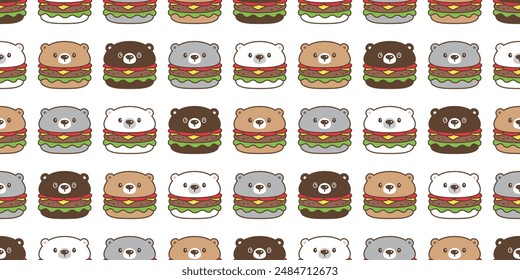 bear polar seamless pattern hamburger fast food vector teddy face head pet doodle cartoon tile background gift wrapping paper repeat wallpaper scarf isolated illustration design