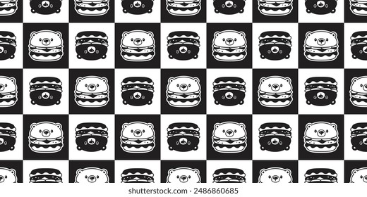 bear polar seamless pattern hamburger fast food vector teddy head face pet doodle cartoon checked tile background gift wrapping paper repeat wallpaper scarf isolated illustration design