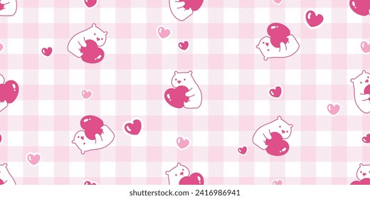 bear polar seamless pattern heart valentine vector checked teddy tartan plaid pet cartoon doodle gift wrapping paper tile background repeat wallpaper illustration scarf isolated design