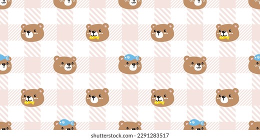 bear polar seamless pattern pastel teddy vector cartoon tartan plaid checked tile background gift wrapping paper repeat wallpaper scarf isolated doodle illustration design