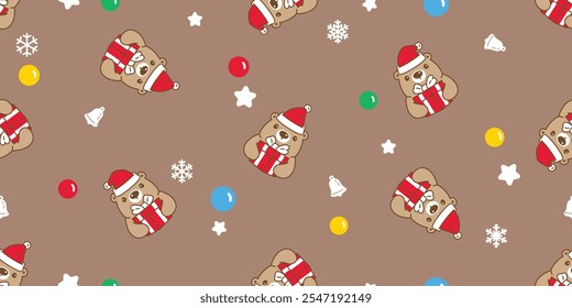 bear polar seamless pattern santa claus hat christmas gift box teddy vector pet doodle cartoon tile background wrapping paper repeat wallpaper scarf isolated illustration design