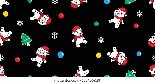 bear polar seamless pattern santa claus hat christmas tree teddy sitting vector snowflake pet doodle cartoon tile background wrapping paper repeat wallpaper scarf isolated illustration design