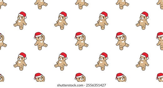 bear polar seamless pattern santa claus hat christmas scarf knitting sitting teddy vector pet doodle cartoon tile background gift wrapping paper repeat wallpaper scarf isolated illustration design