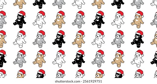 bear polar seamless pattern santa claus hat christmas tree scarf snowflake sitting teddy vector pet cartoon doodle tile background gift wrapping paper repeat wallpaper scarf isolated illustration desi