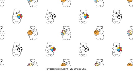 bear polar seamless pattern sport football soccer beach ball basketball volleyball teddy cartoon vector gift wrapping paper tile background repeat wallpaper doodle scarf isolated illustration design