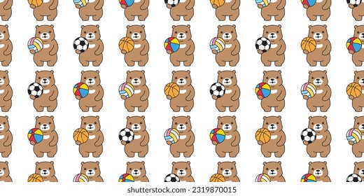 bear polar seamless pattern sport football soccer beach ball basketball volleyball teddy doodle cartoon vector gift wrapping paper tile background repeat wallpaper scarf isolated illustration design