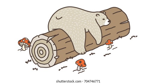 Bear Polar Bear sleep on the log mushroom yard doodle illustration