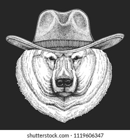Bear, polar bear. Wild west. Traditional american cowboy hat. Texas rodeo. Print for children, kids t-shirt. Image for emblem, badge, logo, patch.