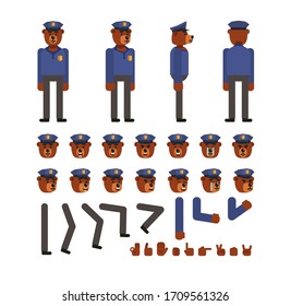 Bear policeman creation kit. Create your own pose, action, animation. Flat design vector illustration