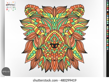 Bear portrait . Animal patterns with hand-drawn doodle waves and lines. Vector illustration in bright colors.