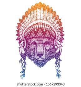 Bear. Portrait of vector animal wearing traditional indian headdress with feathers. Tribal style illustration for little children clothes. Image for kids tee fashion, posters.