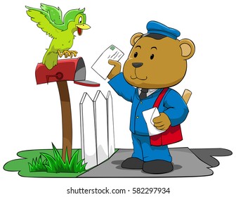 Bear postman trying to put letter to mailbox 
