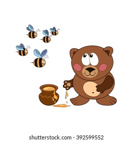 Bear with a pot of honey  and a bunch of bees. Vector illustration