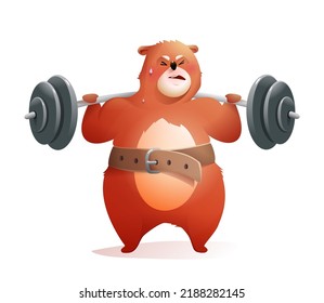 Bear powerlifter lifting barbell and wearing weightlifting belt. Funny Teddy bear doing fitness exercise and sweating, lifting heavy dumbbell. Hilarious comic vector illustration for kids.