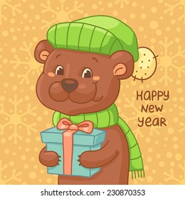 Bear with present on orange background