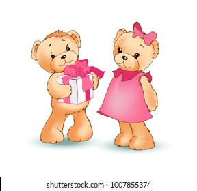 Bear with present in paws, gift with big pink bow, female wearing cute dress, and happy of attention, vector illustration, isolated on white