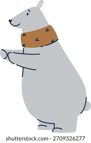 El oso de perfil se mantiene erguido con una bufanda estampada, líneas planas limpias y Formas suaves. La criatura polar posa de lado con un collar acogedor, mínimo detalle de contorno. Ilustración vectorial de dibujos animados