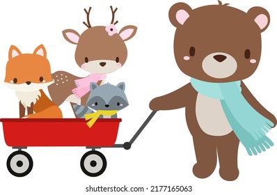 Bear pulling a red handcart with cute deer and fox and raccoon