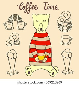 A Bear in a pullover with a cup of coffee, ice cream and donuts. Coffee time hand drawn sketch. Coffee break vector illustration.