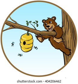 Bear pulls honey, cute, hand drawing, bee sting bear