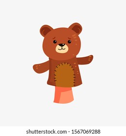 Bear puppets for hands. Doll for children theater, performance. Game with doll, vector animal character, isolated icon. Hand puppets, funny brown bear toy animal. 