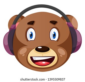 Bear with purple headphones on, illustration, vector on white background.