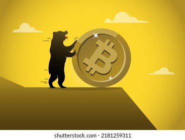 Oso empujando bitcoin por un acantilado. Símbolo de recesión, venta de criptodivisa de blockchain e intercambio virtual