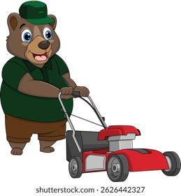 Bear Pushing a Lawn Mower