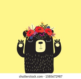 The bear put a red flower crown on head.