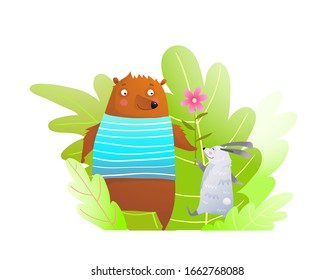 Bear and rabbit animals friendship in forest cute kids cartoon. Adorable portrait of woodland baby animals composition funny silly faces cartoon bear and rabbit friends.