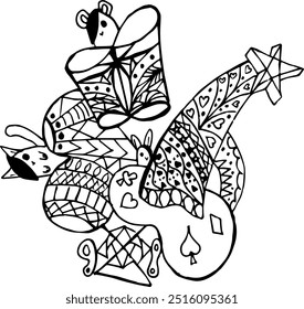 bear, rabbit and cat between abstract shapes, spades, diamonds, clubs, hearts