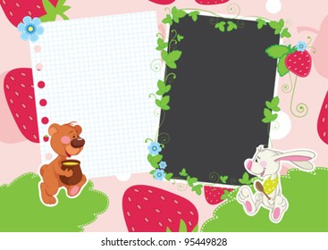 Bear and rabbit eat. Children Frame for baby photo album. All objects are located on separate layers. Contains the used patterns.