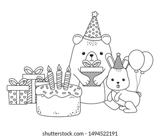 Bear and rabbit with happy birthday icon design