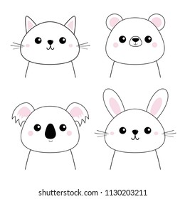 Bear, rabbit, hare, grizzly, koala, cat kitten head face set. Doodle linear sketch. Pink cheeks. Cute cartoon character. Pet animal collection. T-shirt design. Baby background Flat Vector illustration
