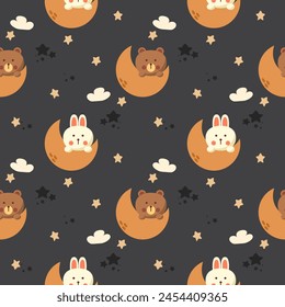 Bear rabbit in the moon cartoon so cute. On star cloud black background. Pattern seamless vector illustration. 
