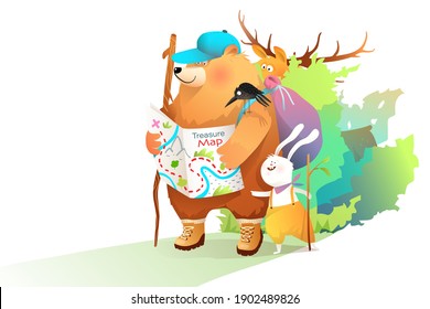 Bear Rabbit and Moose travel with map in the forest, kids animals explorers with map and backpack in the nature, funny story. Vector graphics for kids events, books or prints.