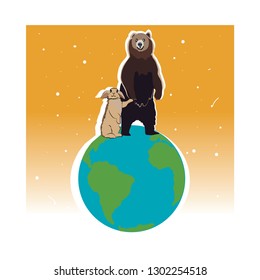 
bear and rabbit on planet Earth hold hands