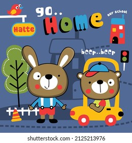 bear and rabbit on the road funny animal cartoon