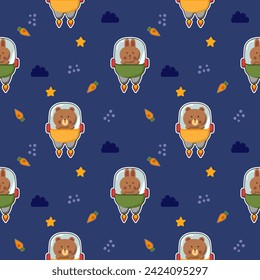 Bear rabbit in spaceship cartoon so cute. On carrot star cloud blue background. Pattern seamless vector illustration. 