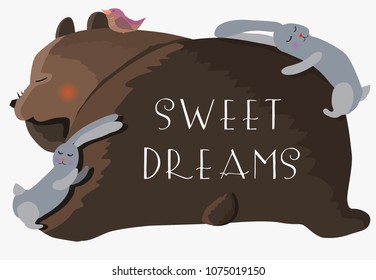 bear, rabbits and bird are fast asleep