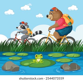 Urso e guaxinim pedalando por uma lagoa de lírios