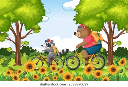 Urso e guaxinim pedalando por uma floresta ensolarada