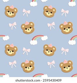 Bear,  rainbow, bow on blue background, fabric pattern, gift wrap pattern, seamless pattern