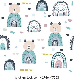 Bear and rainbows hand drawn seamless vector fill. Cute childish drawing. Baby wrapping paper, textile, vector illustration 